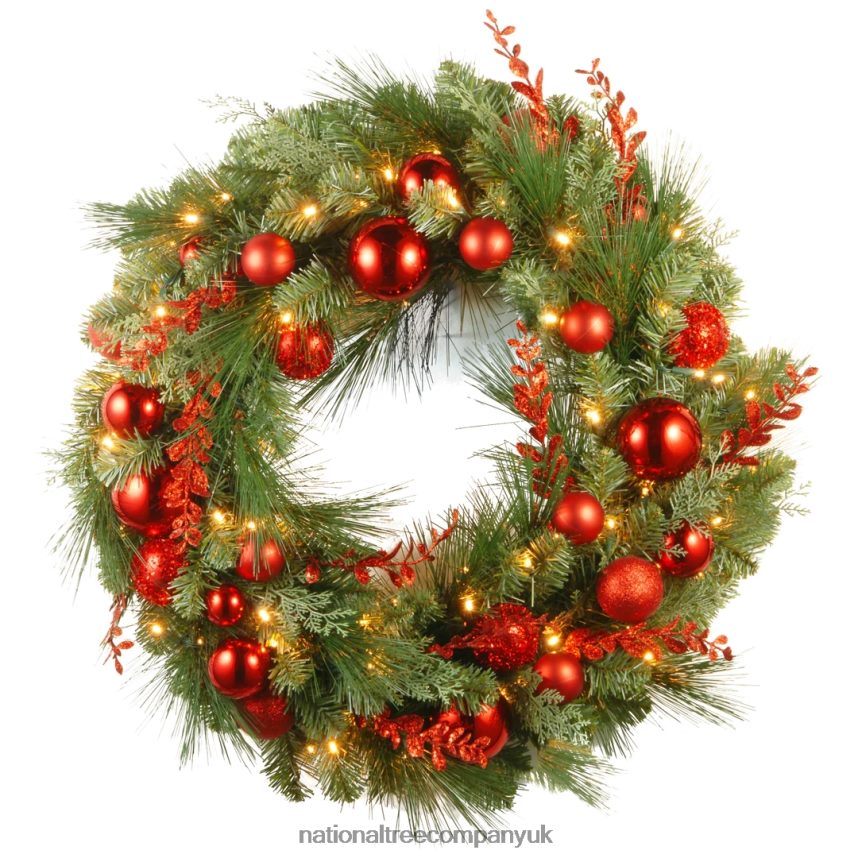 Greenery | National Tree Company Pre-Lit Artificial Christmas Wreath Green Evergreen White Lights Decorated with Ball Ornaments Red Sprigs Christmas Collection 30 Inches F2L4F260